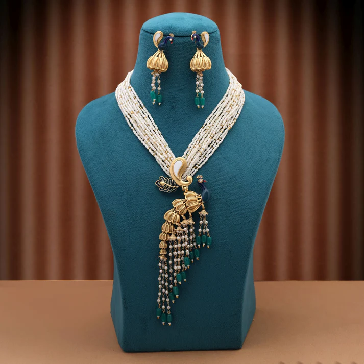 Peacock Inspired Matte Gold Necklace Set For Elegant Traditional Festive Styling