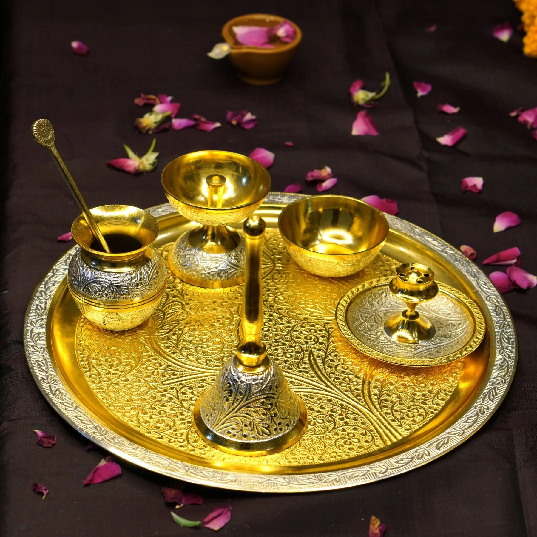 Two Tone Polish Brass Pooja Set